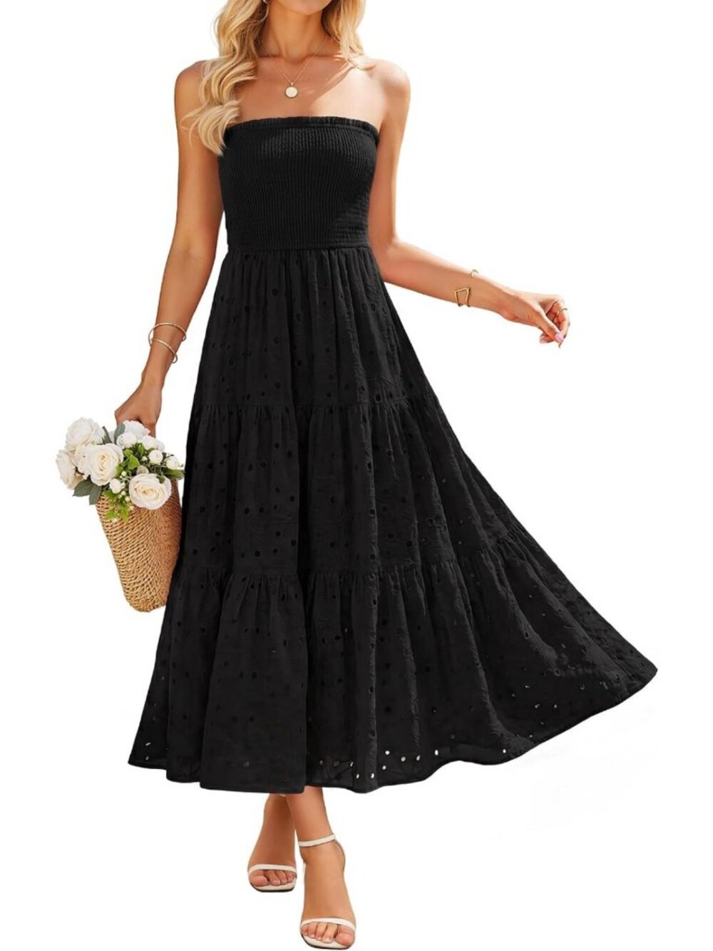 Summer Boho Strapless Smocked Midi Dress for Women - Trendy Vacation Style